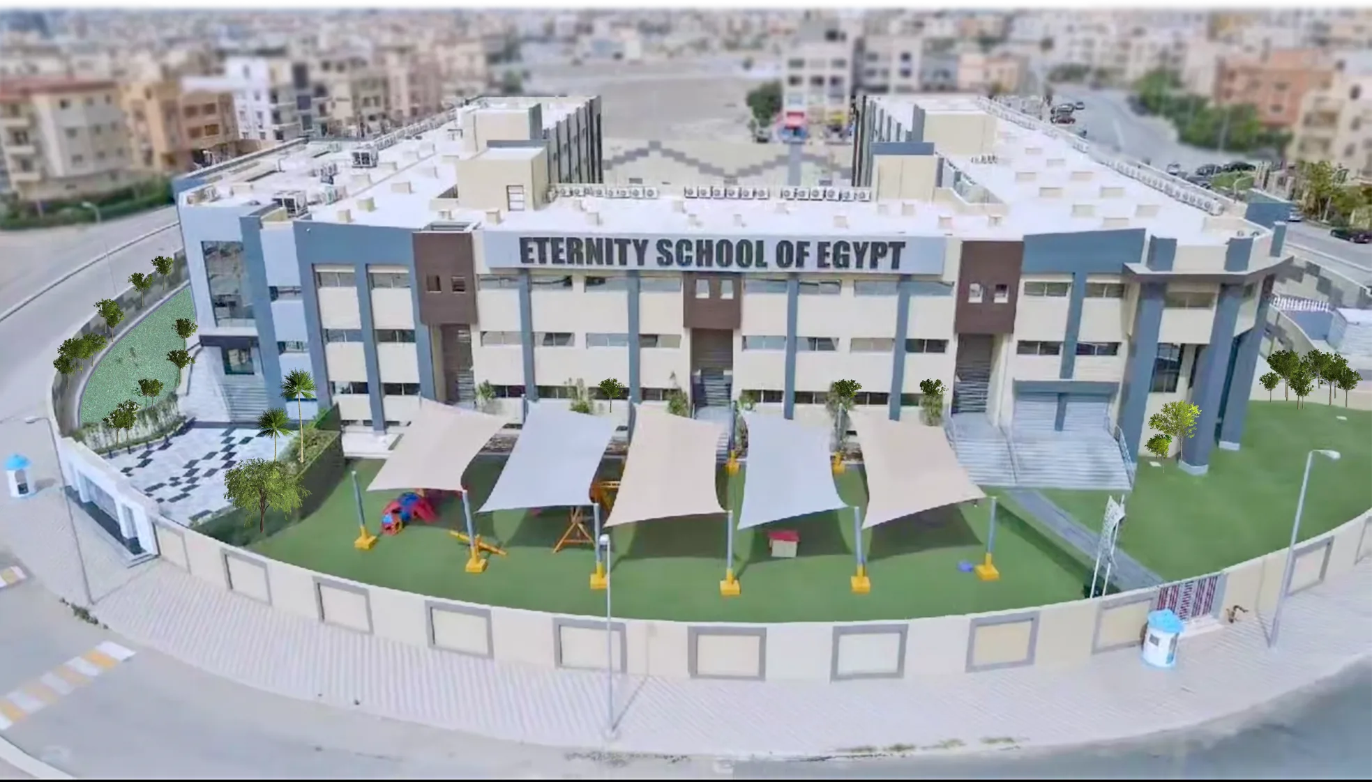 Frontal aerial view of Eternity School of Egypt campus