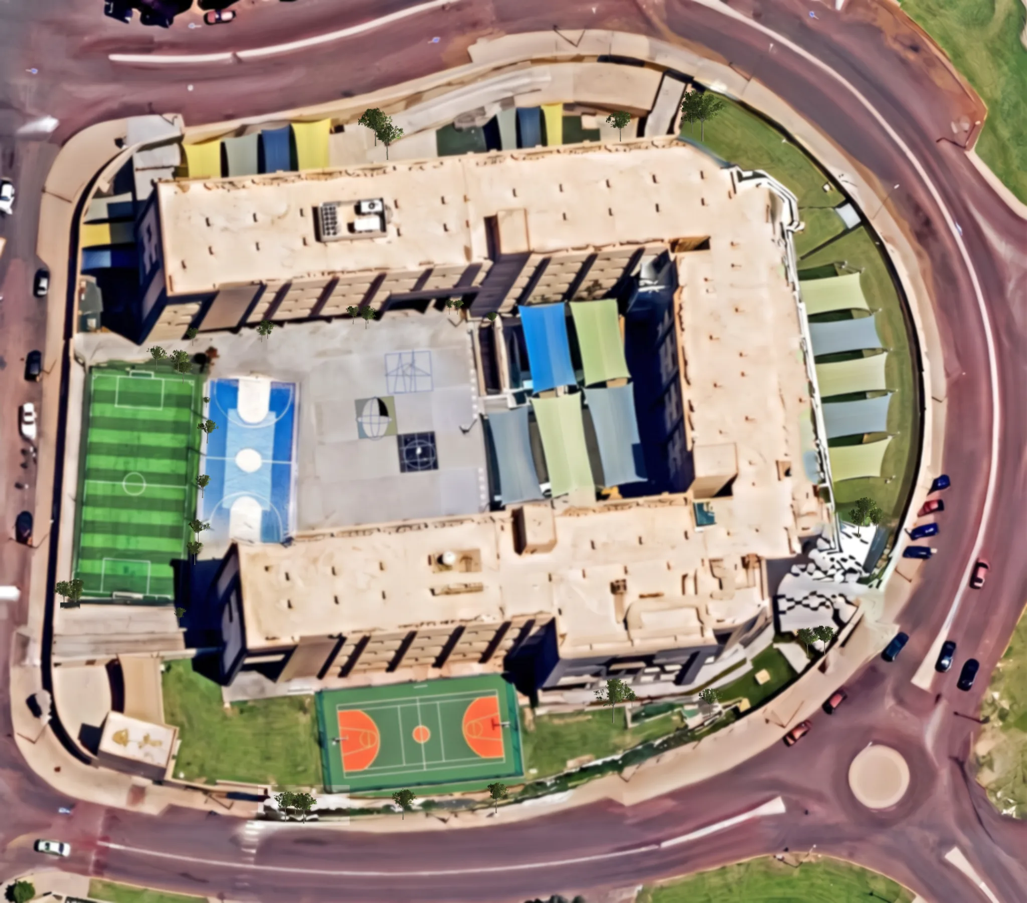 Top-down aerial view of the full Eternity School of Egypt campus