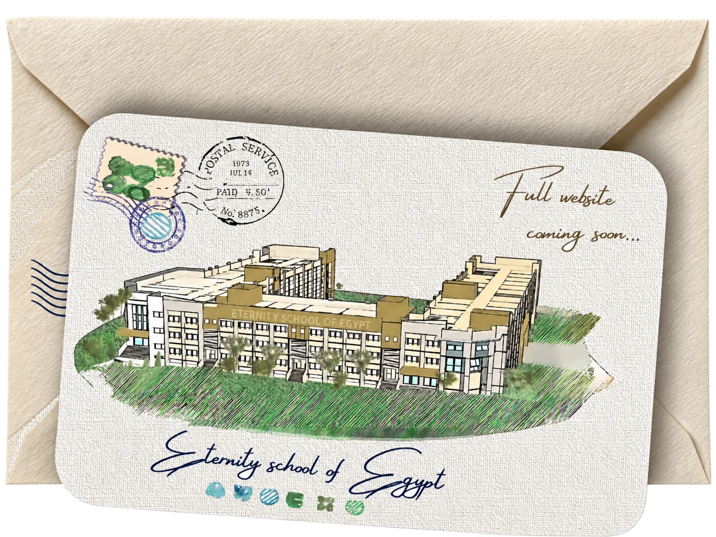 A woven cream envelope and handwritten postcard featuring an illustrated view of Eternity School of Egypt, ESE mascots and the message Full website coming soon